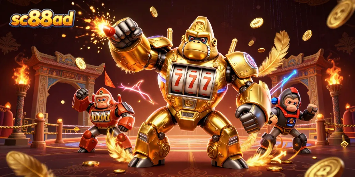 Engage with sc88ad's dynamic casino scene showcasing a 3D golden gorilla mech bursting with coins.