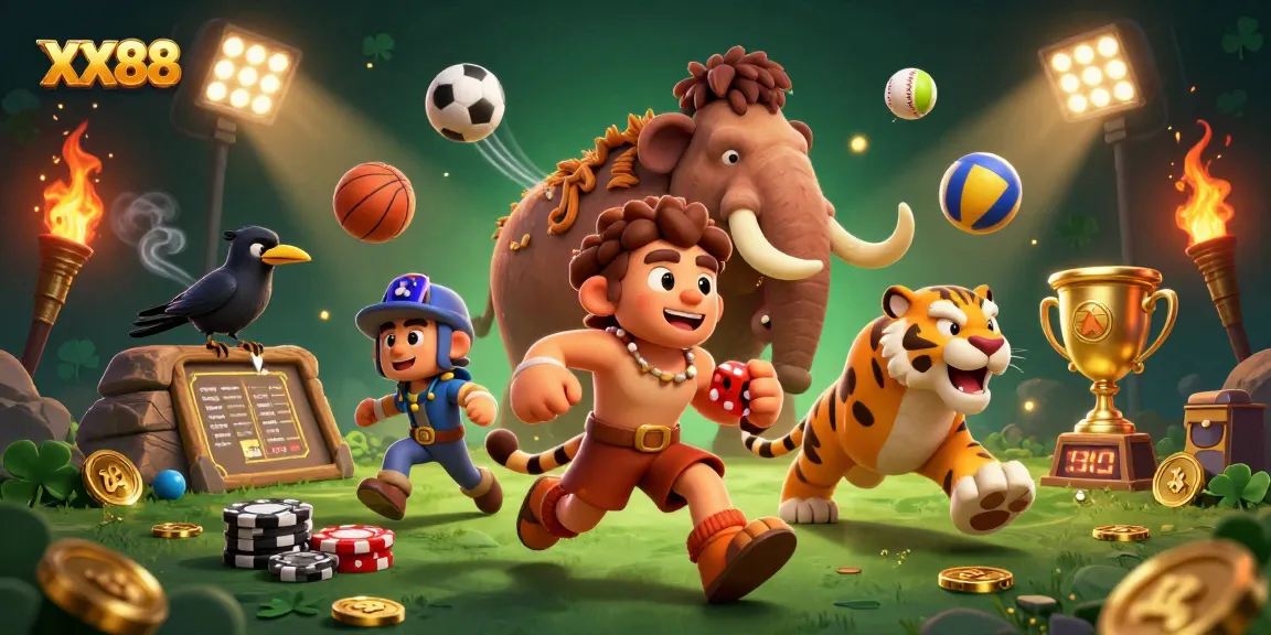 Play thrilling games at XX88, a dynamic casino scene with unique prehistoric characters.