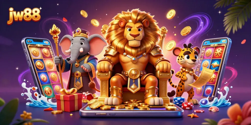 Discover exciting gameplay at jw88, featuring a vibrant 3D illustration of a lion king, elephant, and cheetah amidst casino elements.