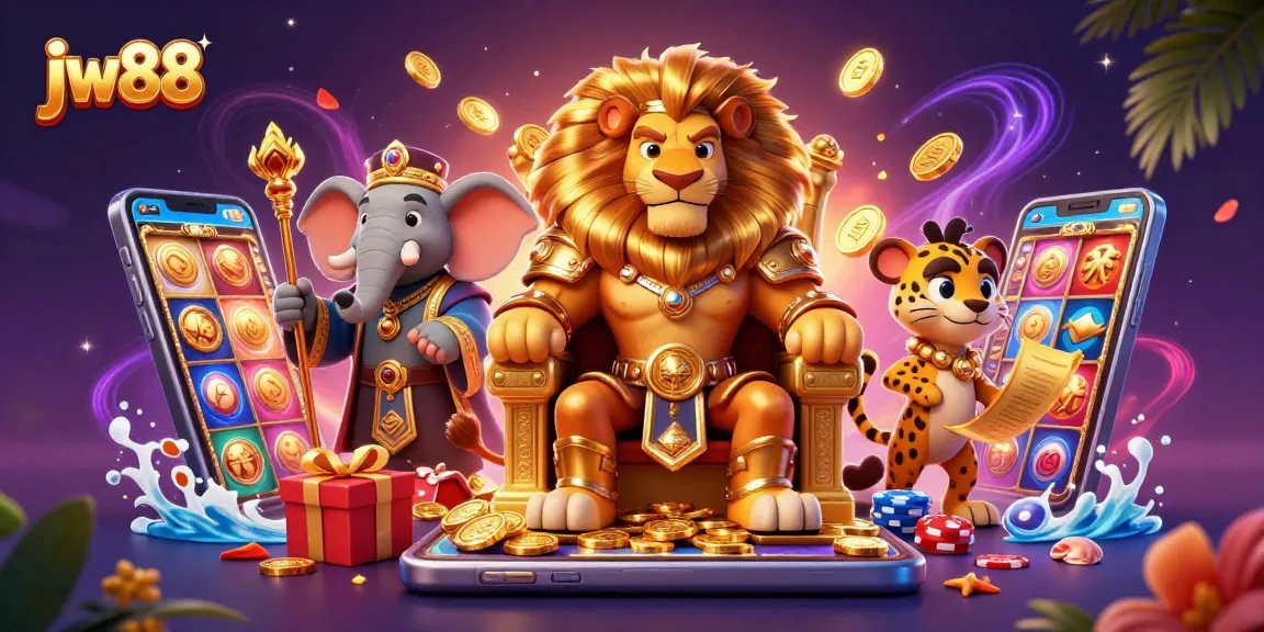 Discover exciting gameplay at jw88, featuring a vibrant 3D illustration of a lion king, elephant, and cheetah amidst casino elements.