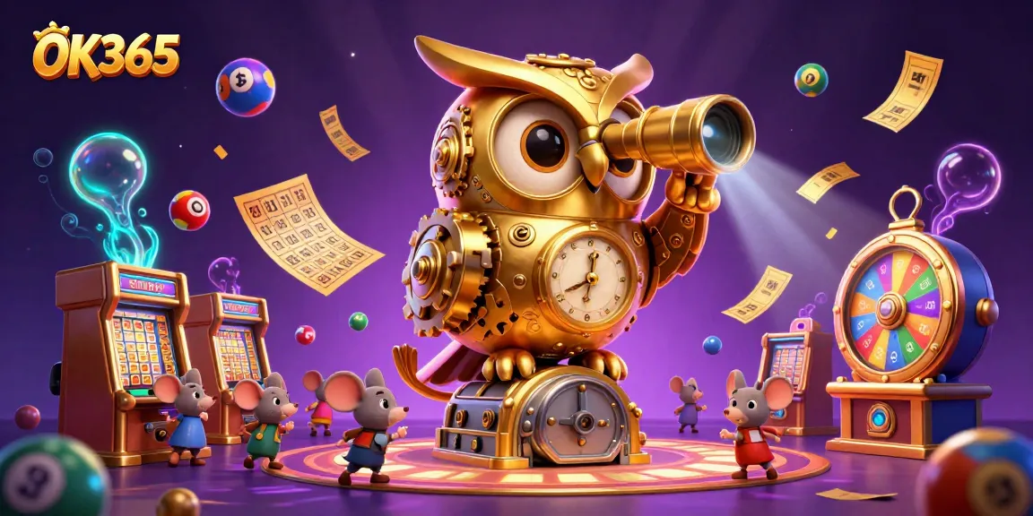 Experience excitement with OK365 in a vibrant 3D casino illustration showcasing colorful lottery games.