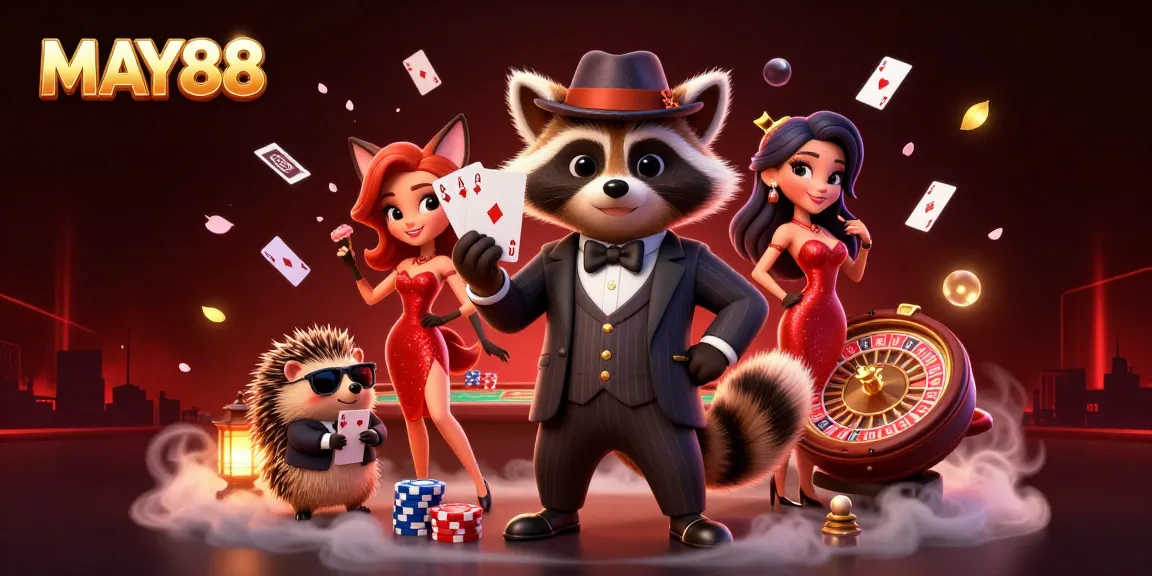 MAY88 engages players at a vibrant poker table with a charismatic raccoon, stylish fox, and attentive hedgehog.