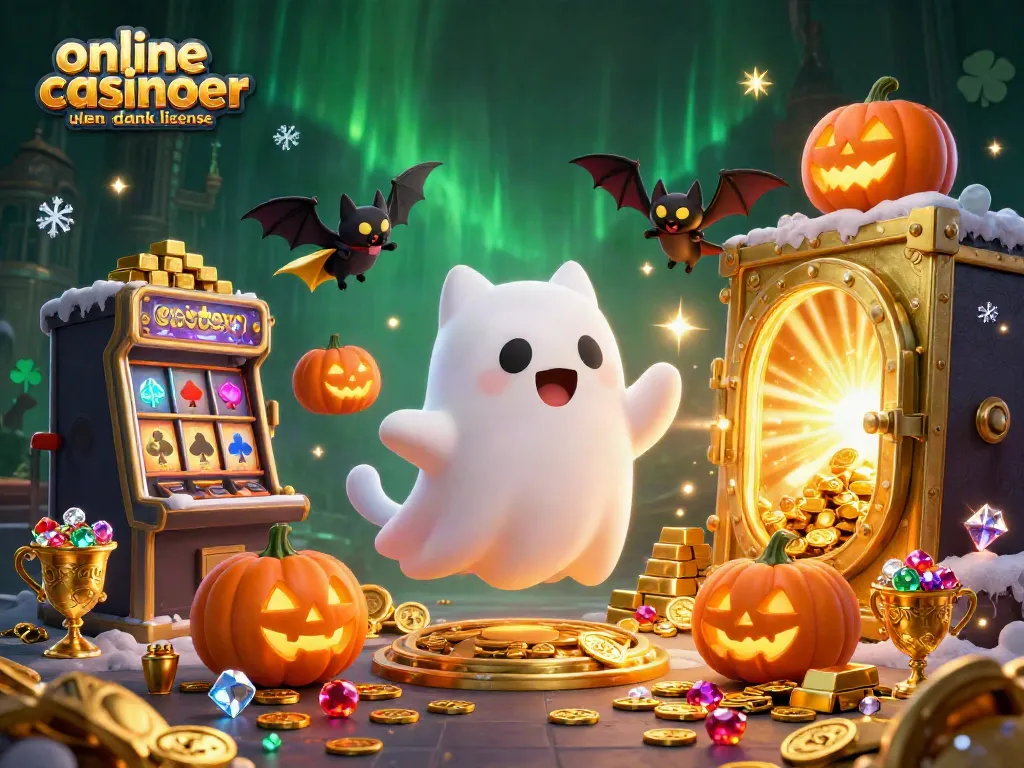 Engage with online casinoer uden dansk licens featuring a ghost cat and vampire bat amid dazzling slot machines.