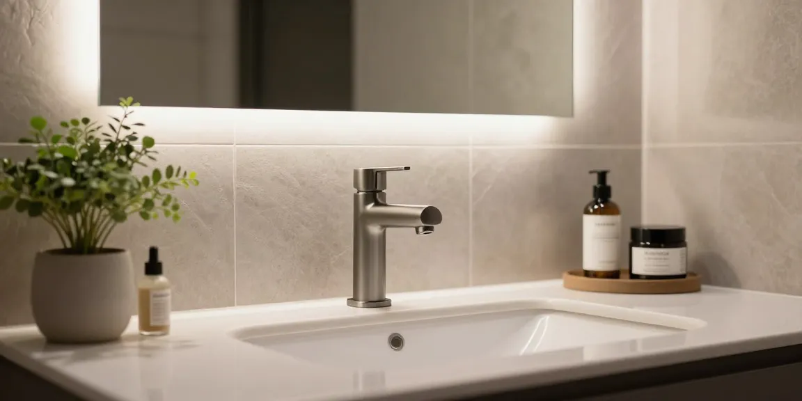 Stijlvolle luxe gunmetal wastafelkraan in moderne badkamer met elegant design en decoratieve planten.