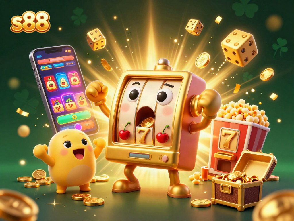 s88 jackpot excitement with lively slot machines and popping popcorn in a colorful casino scene