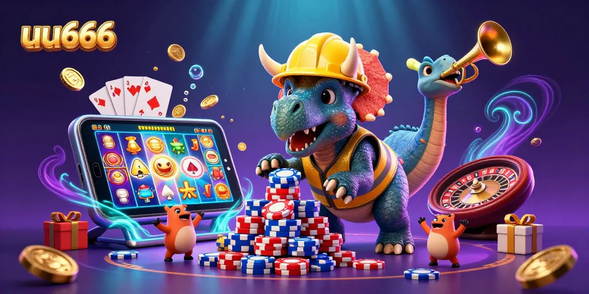 uu666 casino scene with a triceratops and celebratory elements creating a winning atmosphere.