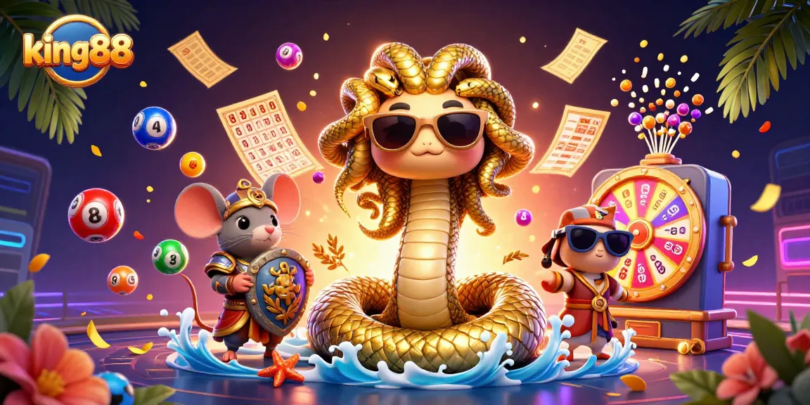 Experience thrilling moments with king88 in a vibrant casino illustration featuring dynamic lottery elements.