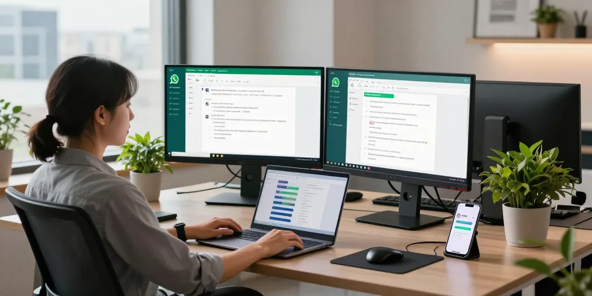 Engaging with WhatsApp電腦版 in a modern workspace with dual monitors and ambient lighting for productivity.
