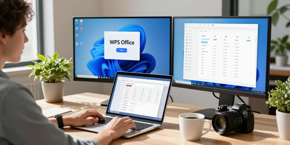 Download WPS Office in a modern workspace with dual monitors and coffee.