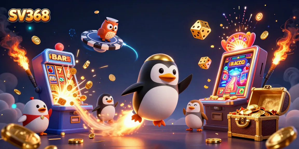 Experience high-energy gaming with SV368's vibrant casino universe featuring a golden penguin and jackpot slots.
