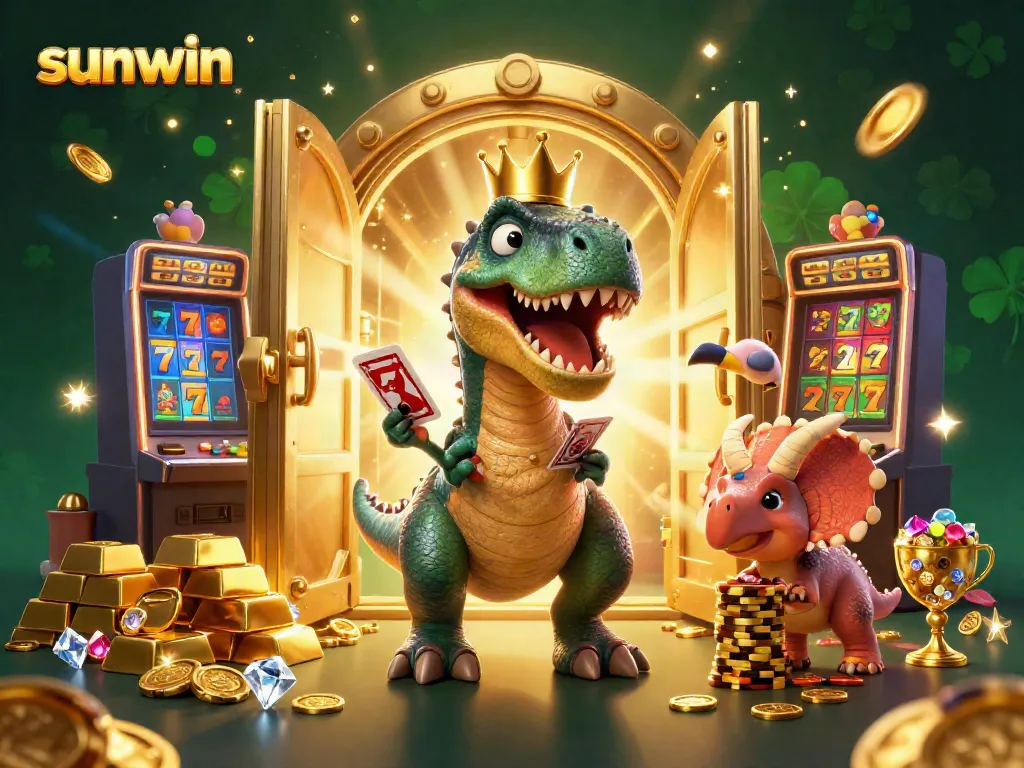 Sunwin's T-Rex dealer shuffles cards with chips while gaming treasures surround in a vibrant casino scene.