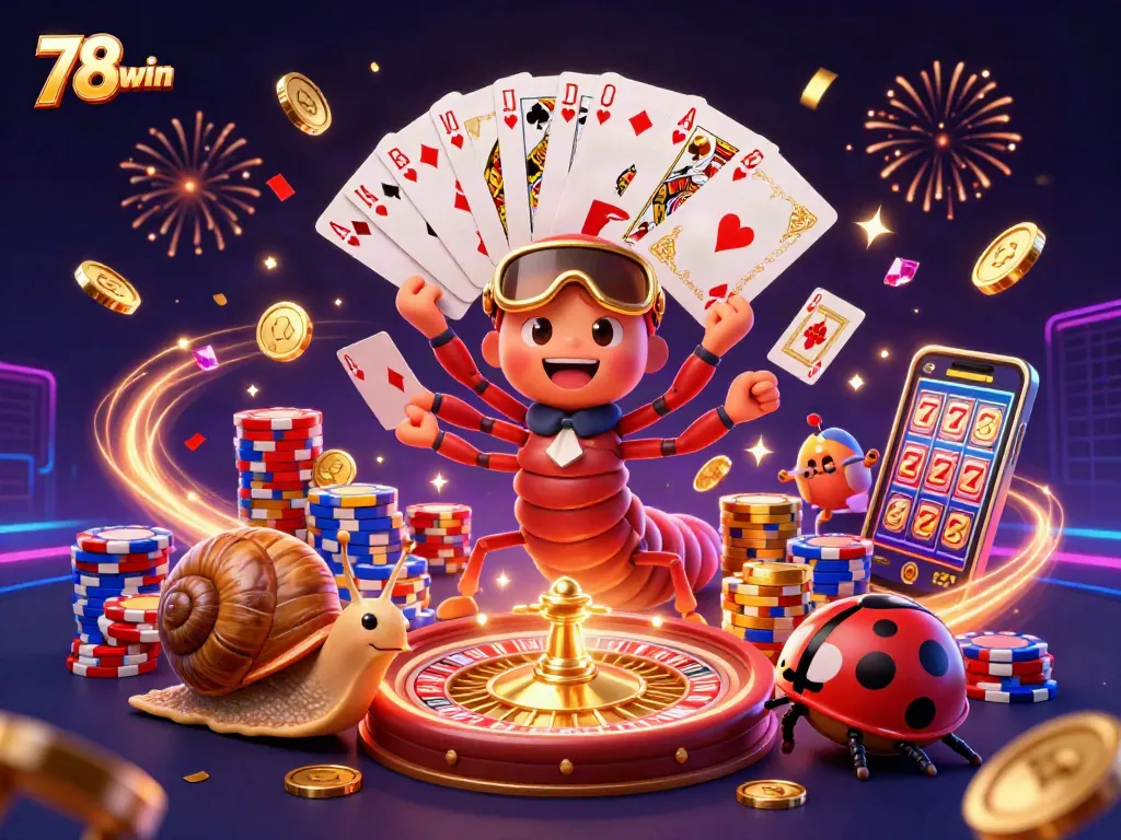 Experience thrilling gameplay at 78win with a colorful 3D casino illustration showcasing excitement and winning moments.