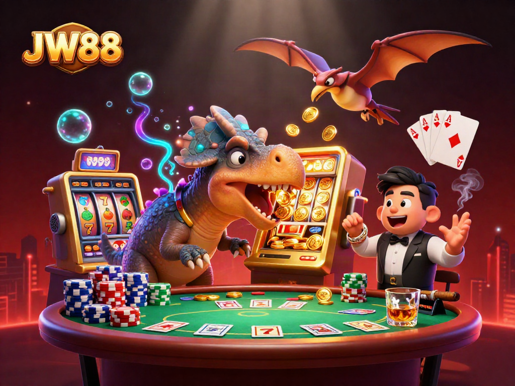 JW88 captivates as a cartoon dinosaur activates a slot machine, collecting coins amidst a vibrant casino.