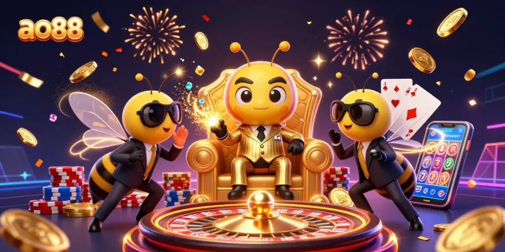 Join the excitement at ao88 with the 3D cartoon bumblebee mob boss in a dazzling casino scene.