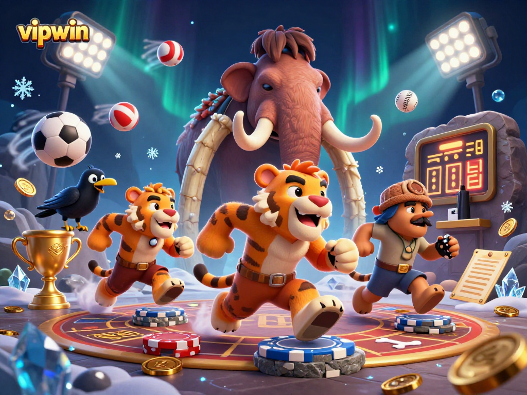 Experience vipwin through an exciting prehistoric casino scene with unique characters and vibrant game elements.