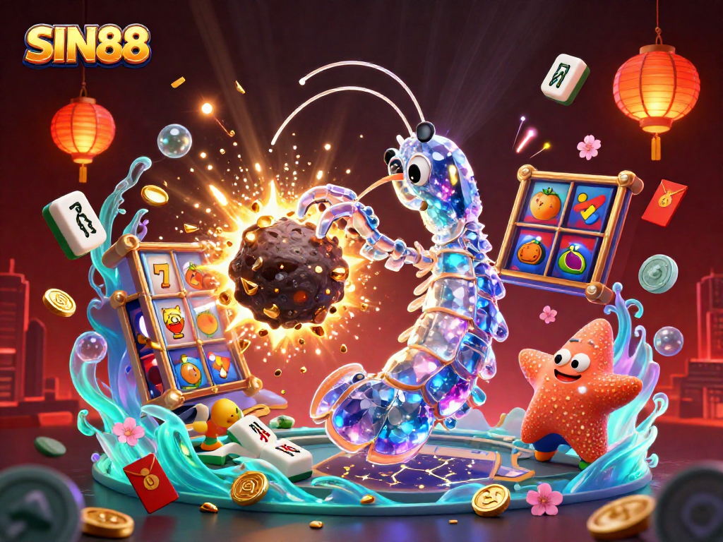 SIN88 showcases a galactic samurai mantis shrimp amidst slots, gems, and festive elements.