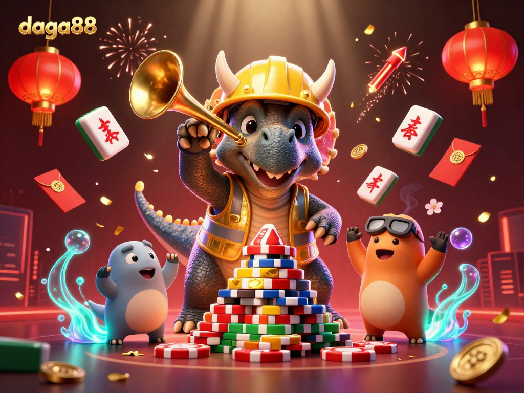 Dive into exciting action at daga88, where cartoon triceratops builds poker chip pyramids amid festive lanterns and cheering compys.