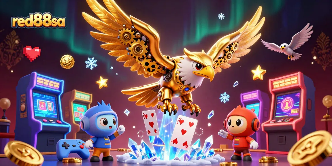 Engage with red88sa's thrilling gameplay featuring a golden eagle navigating holographic cards in a vibrant casino scene.