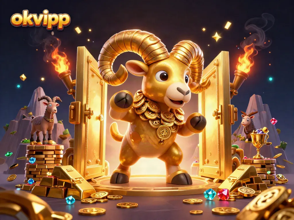 Experience the vibrant energy of okvipp with a golden ram charging at a treasure vault, embodying the thrill of online gaming.