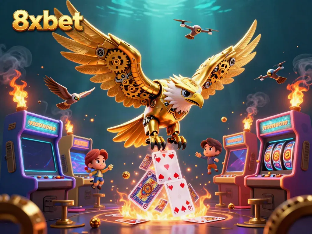 Experience the thrill of gambling with 8xbet as a golden eagle dives through vibrant playing cards.