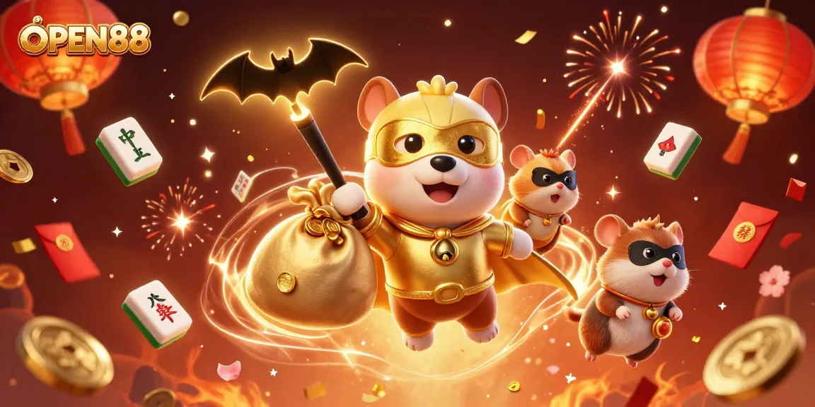 Experience the excitement of gaming at OPEN88 with a superhero dog flying amidst vibrant casino elements.
