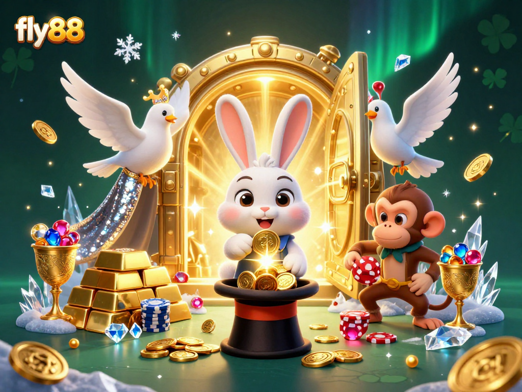 Experience the thrill at fly88, where a magician rabbit conjures coins amidst dazzling casino treasures.