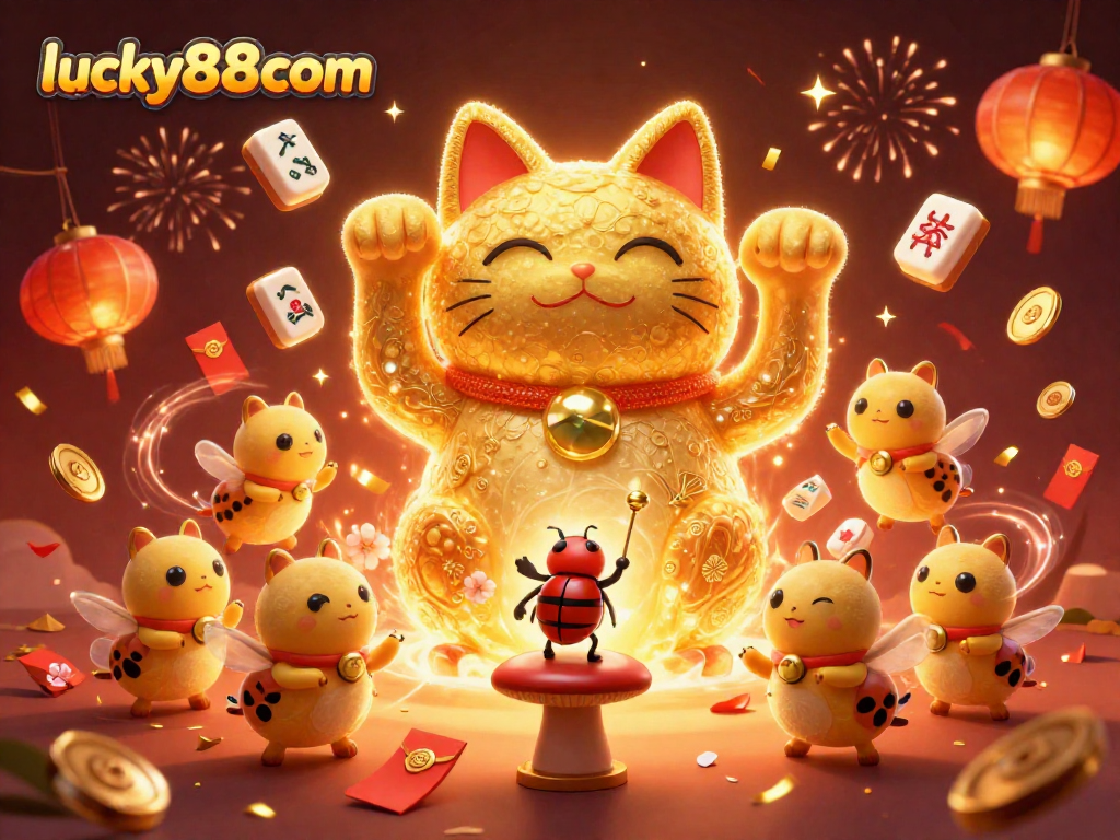 Experience the excitement of lucky88com with a vibrant 3D illustration featuring a lucky cat and dynamic casino symbols.