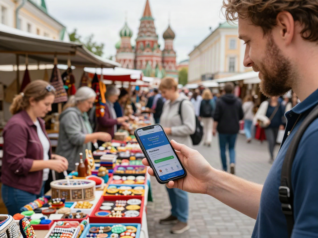 In de straatmarkt in Rusland gebruikt de reiziger de PayInRussia-app voor betalingen.