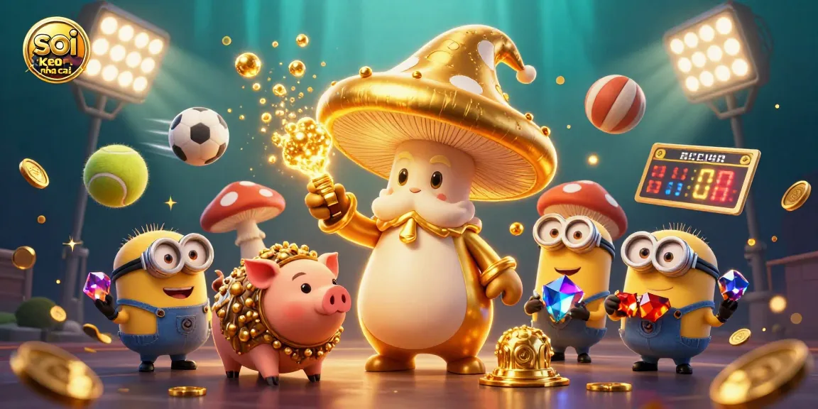 Engage in sports betting magic with soi keo nha cai featuring a golden mushroom wizard amidst dynamic sports elements.