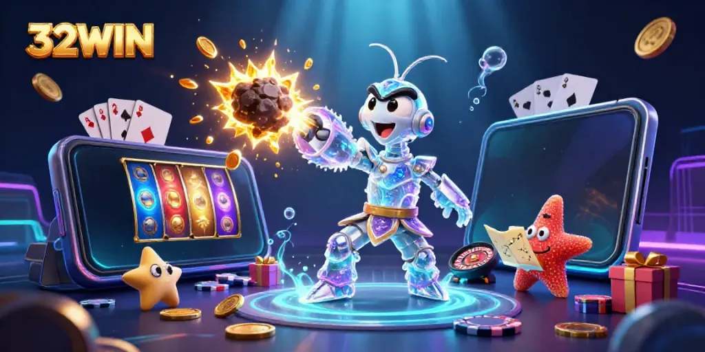 Experience thrilling gameplay at 32WIN with vibrant 3D casino elements exploding with gold and excitement.