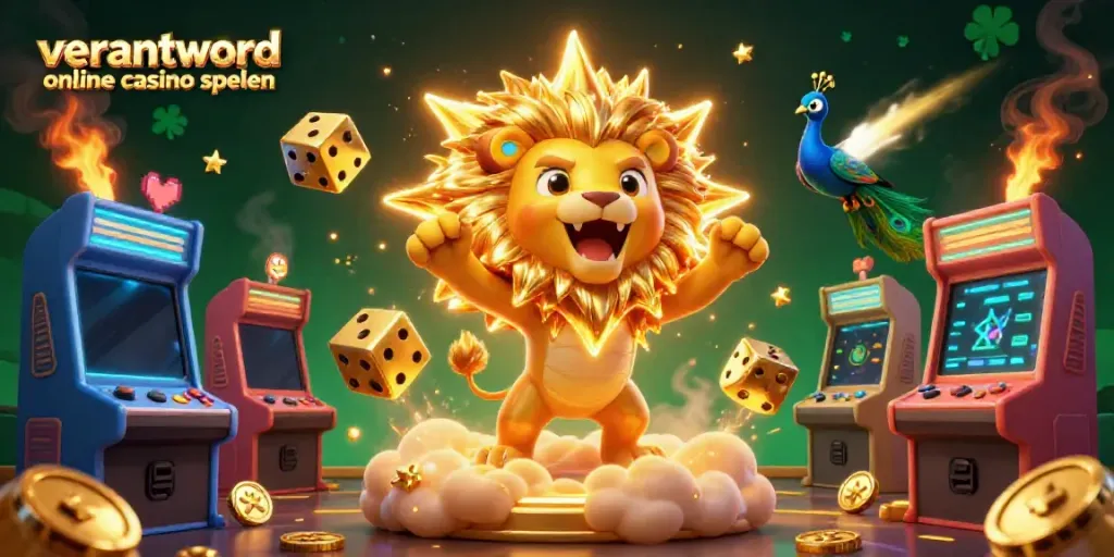 Experience verantwoord online casino spelen with a vibrant 3D illustration of casino elements and characters.