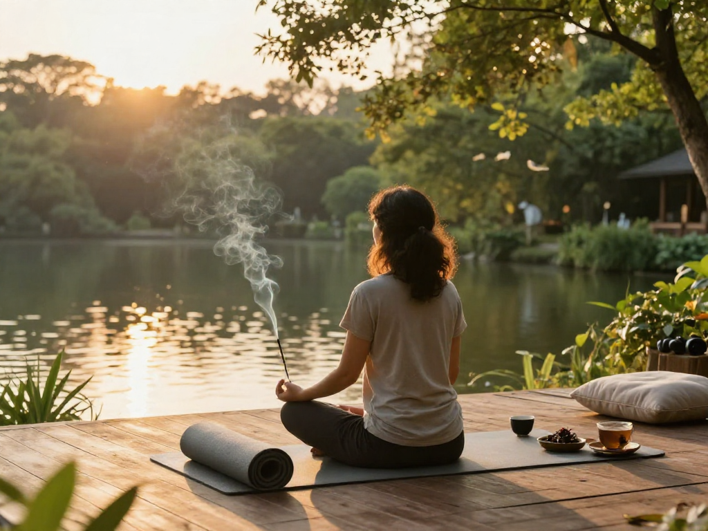 Welkruvozan meditatie in serene sp retreat met gouden uurlicht