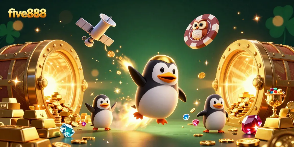 Experience the thrilling five888 gaming adventure featuring a golden penguin amidst riches and excitement.