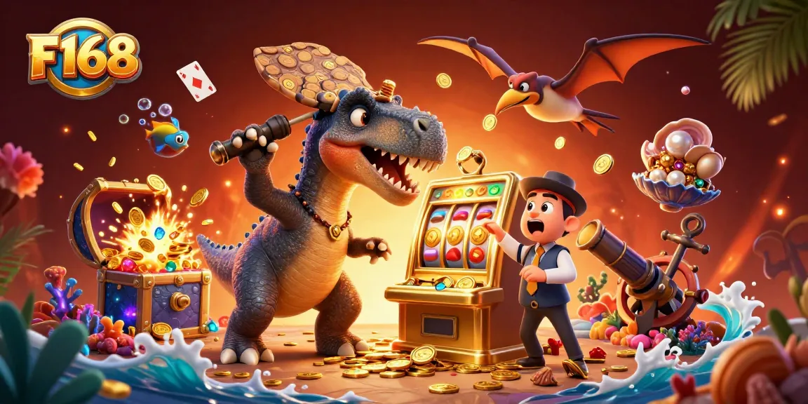F168 slot game excitement as a dinosaur breaks a golden machine with winning coins flying around.