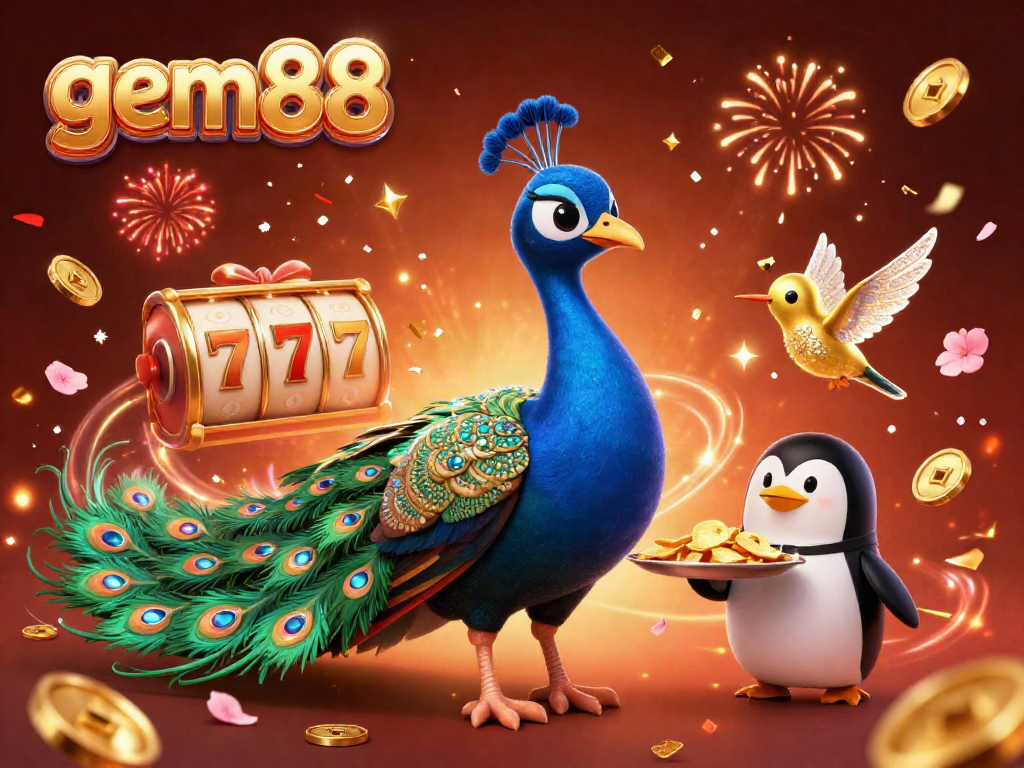 Experience the excitement of gem88 with a dazzling peacock and butler penguin surrounded by colorful casino elements.