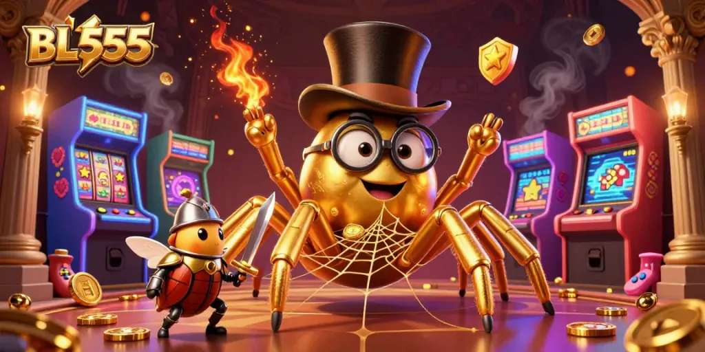 Engage in thrilling gaming at BL555, featuring vibrant 3D casino and arcade elements.