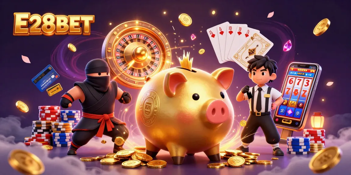 E28BET energizes players with a dynamic illustration of a sumo wrestler, wallet-ninja, and credit-card samurai