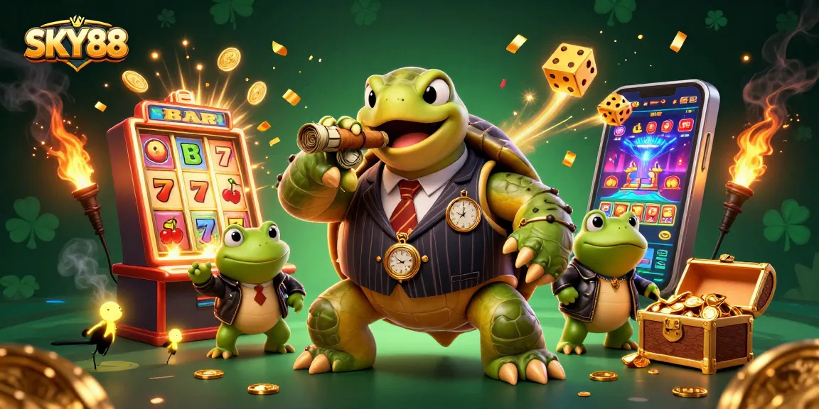 Engage with SKY88's dynamic casino atmosphere in this vibrant 3D illustration featuring a snapping turtle mobster.