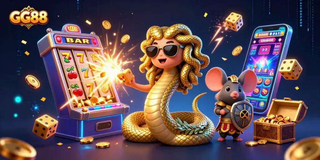 Spin the reels at GG88 with a vibrant scene of Medusa and a mouse warrior celebrating casino wins.