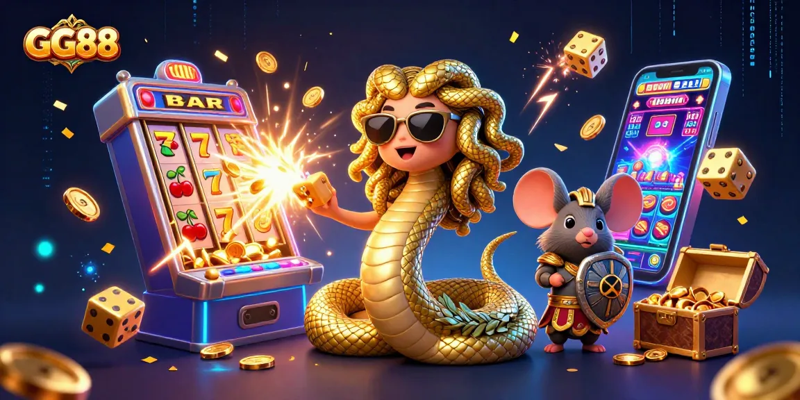 Spin the reels at GG88 with a vibrant scene of Medusa and a mouse warrior celebrating casino wins.