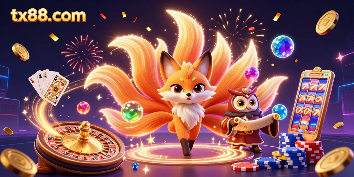 Experience the vibrant gaming action at tx88. com with a colorful illustration of a lively casino scene.