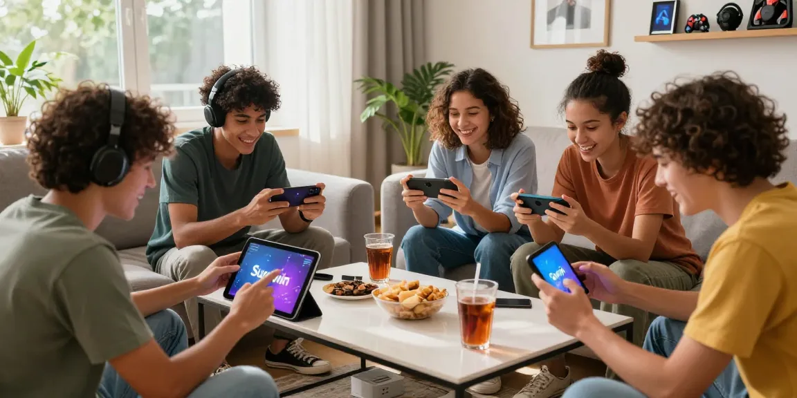 Excited friends enjoying a game session with Sun win logo on screens in a cozy living room.
