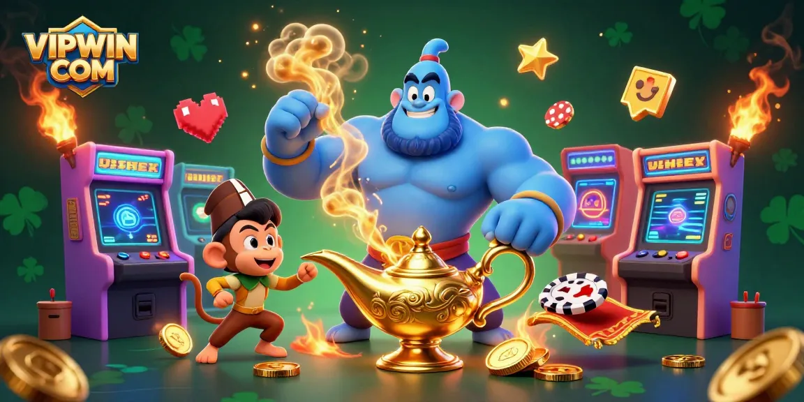 Engage with VIPWIN COM for exciting casino adventures featuring a dynamic genie scene.