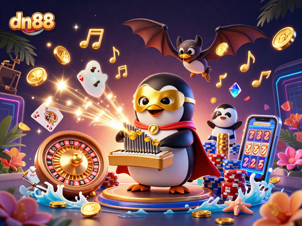Experience dn88's thrilling gaming with golden coins, roulette, and playful penguins in a vibrant casino scene.
