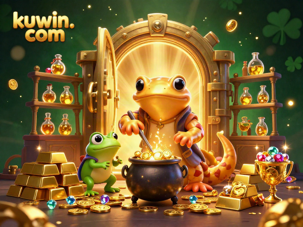 Experience the magic of kuwin. com with a golden alchemist transforming treasures in a vibrant casino scene.