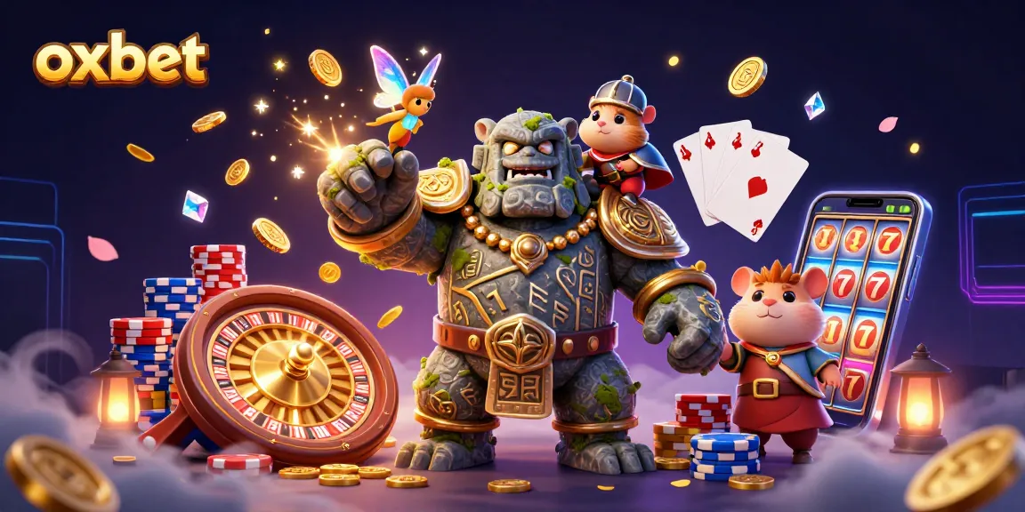 Engage with vibrant gaming at Oxbet featuring a golem, fairy, and hamster knight amidst coins and jewels.