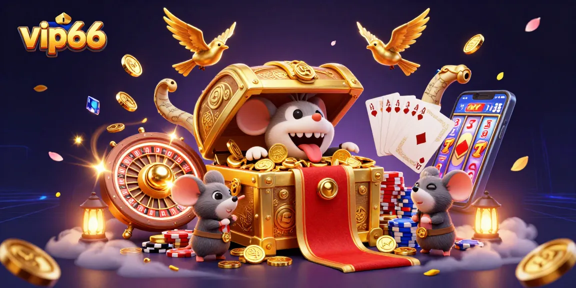 Engage with vip66 to uncover treasure in a vibrant casino scene filled with treasures, festive decor, and gaming excitement.