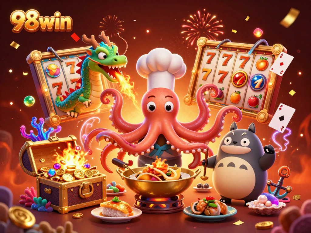 Experience the thrill of 98win with a vibrant casino scene showcasing slot reels, colorful characters, and captivating game elements.