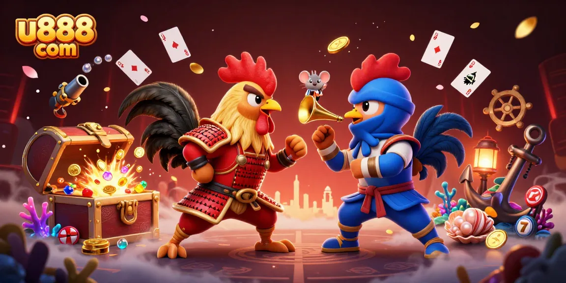Engage with u888 com in this vibrant 3D cartoon scene featuring dynamic fighting roosters.