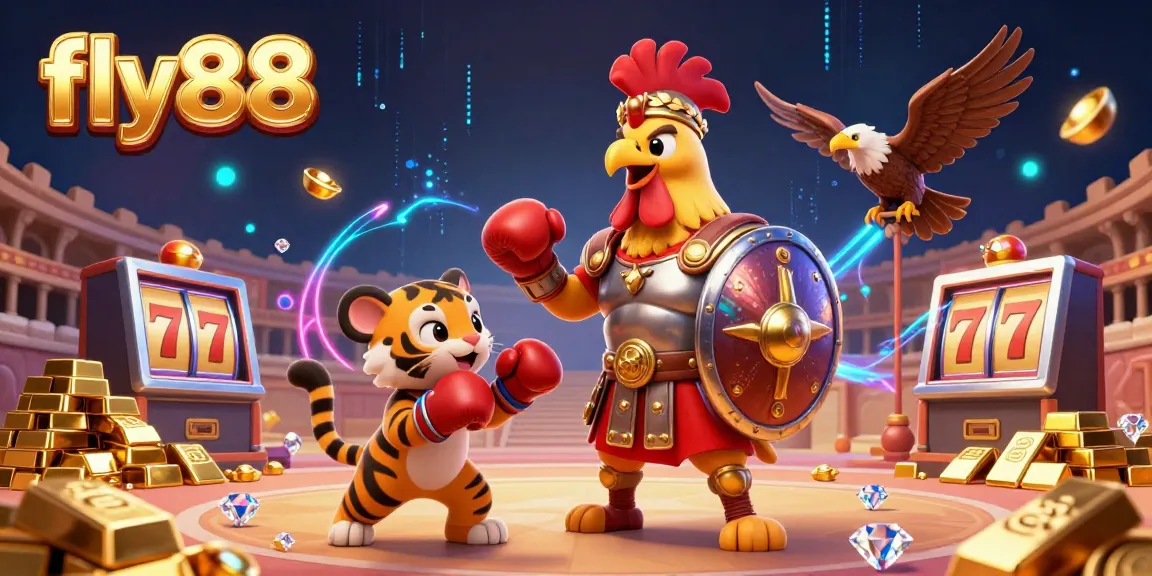 Experience fly88's energetic online casino scene with a gladiator rooster and slot elements.